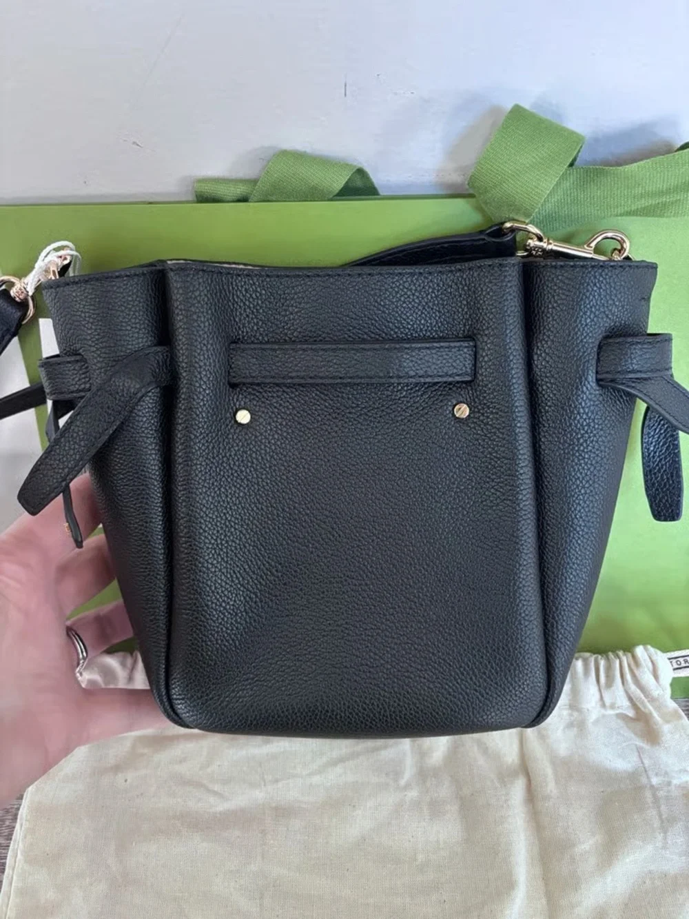 Tory Burch Black Pebbled Leather Crossbody with Gold Button